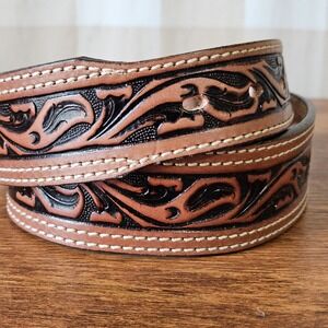 R G BULLCO Leather Belt Mens Western Floral Tooled Brown Made USA Size 32